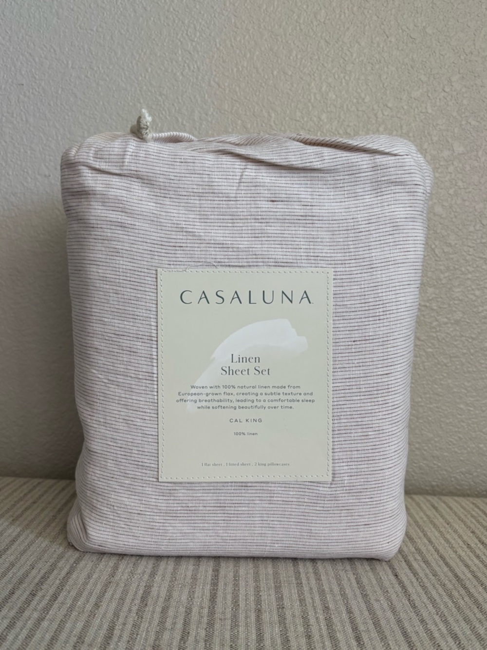 NWT California King 100% Linen Sheet Set Adobe Clay Micro Stripe - Casaluna